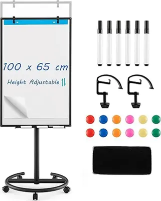 Zdjęcie produktu dla Flipchart 100 × 65 cm, mobilny na kółkach, z regulacją wysokości i magnetyczny, z półką na pisaki, 1 gumką, 6 markerami, 12 magnesami i 2 klipsami