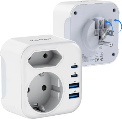 Produktbild von VOOMY Reiseadapter USA Typ B – Für Amerika, USB-C & USB-A – 2 EU-Steckdosen – Faltbare Pins – Weiß
