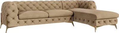 Produktbild von S-STYLE MÖBEL - Chesterfield Ecksofa mit Ottomane rechts Nova mit Goldene Metall Füßen aus Beige Samtstoff, B/T/H: 305 cm/ 200 cm/ 75 cm