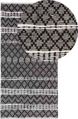 Produktbild von BELIANI Teppich Schwarz Beige Echtleder 80 x 150 cm Kurzflor Geometrisches Muster Handgefertigt Rechteckig