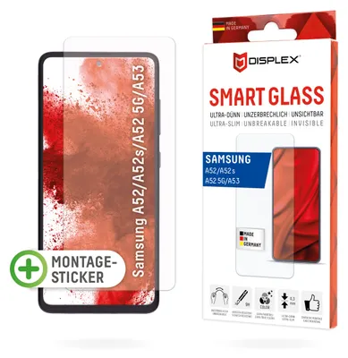 Produktbild von Displex Smart Glass (9H) für Samsung Galaxy A52/A52(s) 5G/A53 5G, Montagesticker, unzerbrechlich, ultra-dünn, unsichtbar, Samsung, A52/A52s/A53, Trockene Anwendung, Schlagfest, Kratzresistent, Staubresistent, Transparent, 1 Stück(e)