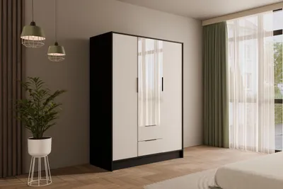 Produktbild von ALTDECOR  Kleiderschrank mit Spiegel und Flügeltüren, Garderobenschrank mit viel Stauraum, Vielseitiger Drehtürenschrank, Schrank KOLIN 150x200 cm Schwarz   Weiß