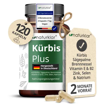 Produktbild von Sägepalmenextrakt & Kürbiskernextrakt - 8 Fach Kombi mit Brennnesselextrakt, Vitamin E, Zink, Selen & Natrium - Vegan - 120 Kürbiskern-Kapseln