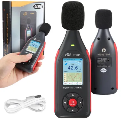 Productafbeelding van Geluidsniveau meter, meetbereik 30-130 dB, afmetingen 240mm x 70mm x 40mm, USB-compatibel, CE-gecertificeerd, hoogwaardig kunststof