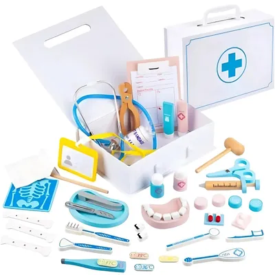 Obrázek produktu pro Dřevěný lékařský kufřík pro děti, více než 20 dílů, doktor a zubař, od 3 let