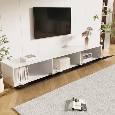 Image de OKWISH Meuble TV avec Éclairage LED 16 Couleurs et Rangement Intégré, Fixation Murale ou Sol, Portes Soft-Close, MDF, Noir, 180x35x30 cm