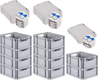 Produktbild von SuperSparSet 10x Eurobox NextGen Grip mit Scharnierdeckel und blauen Schiebeschnappverschlüssen | HxBxT 17x30x40cm | 16 Liter | Grau | Griffe offen | Glatter Boden | Eurobehälter, Transportbox, Transportbehälter, Stapelbehälter