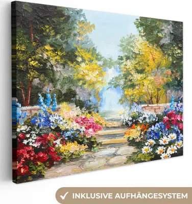 Produktbild von MuchoWow® - Leinwandbilder - Malerei - Blumen - Natur - Ölfarbe, Wandbild, Wanddeko Bilder Wohnzimmer, 120x90 cm
