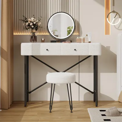 Produktbild von Merax Schminktisch mit LED-Beleuchtung und Spiegel, Einstellbare Helligkeit, 2 Schubladen und Hocker, Marmoroptik, Fleecedekor, Weiß