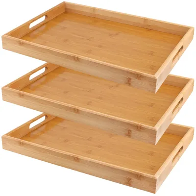 Produktbild von 3-teiliges Holz-Bambus-Serviertablett-Set mit Griffen