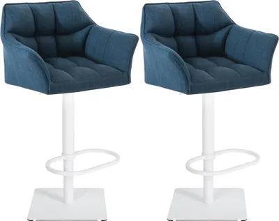 Produktbild von 2er Set Barhocker SIHAR - Stoff Blau 64x45x88 cm Weiß | Barstuhl Höhenverstellbar Mit Lehne Drehbar Tresenhocker Tresenstuhl Kneipenhocker