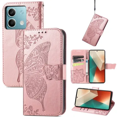 Produktbild von Für Xiaomi Redmi Note 13 Kunstleder Wallet Handy Tasche Schmetterling Design Schutz Hülle Case Cover Etuis Rosa