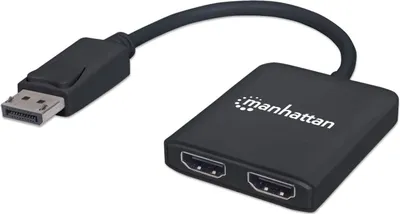 Produktbild von Manhattan DisplayPort auf 2-Port HDMI MST-Hub, Zum Verteilen eines DisplayPort-Signals auf zwei HDMI-Monitore, Anzeigemodi Gespiegelt, Erweitert und Videowand, 4K@30Hz, Stromversorgung über USB, schwarzz, DisplayPort, 2x HDMI, 3840 x 2160 Pixel, Schwarz, Kunststoff, 1 m