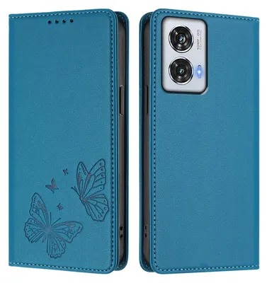 Image de Étui en cuir pour Motorola Edge 50 Fusion/Moto G85, motif papillon, étui à rabat avec porte-appareil, bleu