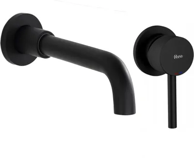 A black matte wall-mounted faucet and its control handle are shown against a white background.