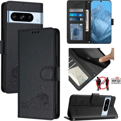 Produktbild von Leder Hülle für Google Pixel 8 Pro Süße Katze Flip Case Brieftasche Schutzhülle mit Standfunktion Schwarz
