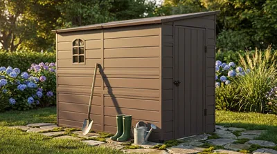 Immagine prodotto di Milani Home - casetta porta attrezzi da giardino in resina, effetto legno, 143 x 247 x 194 cm