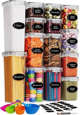 Produktbild von Famanu Vorratsbehälter Set Luftdicht – 14 Stück – BPA-freie Kunststoffbehälter mit Deckeln für Müsli, Mehl & Zucker – Set mit Etiketten, Stift &