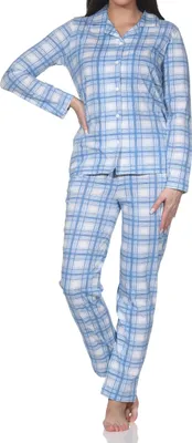 Produktbild von Normann Damen Jersey Pyjama langarm zum durchknöpfen in Karo Optik - auch in Übergrößen ; blau , 48