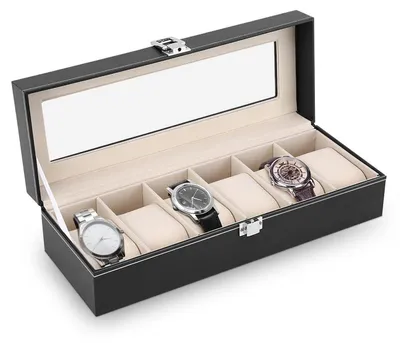 Produktbild von Uhrenbox 6 Uhren Kunstleder Samt Glasfenster 30x11x8cm