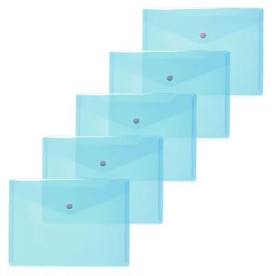Imagen del producto de Fundas transparentes de tamaño A5, color azul claro, paquete de 5 unidades, de plástico