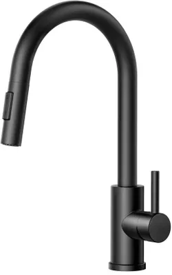 Productafbeelding van Unyqoos® Moderne zwarte keukenkraan met hoge boog, uittrekbare douche, 360° draaibare uitloop, loodvrij roestvrij staal, sproeikop met 2 functies