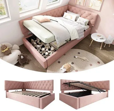 Productafbeelding van Gestoffeerd beige eenpersoons bed daybed met hydraulische opbergruimte