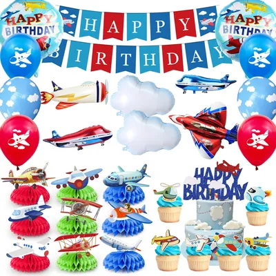 Image de Ensemble de décorations pour fête sur le thème des avions, comprenant 43 pièces