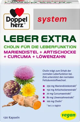 Produktbild von Doppelherz system Leber Extra Kapseln mit Cholin, Zink und Pflanzenextrakten, 120 St. Kapseln