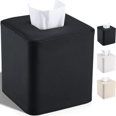 Immagine prodotto di Custodia in ecopelle per scatola di fazzoletti, forma quadrata, colore nero, dimensioni 14,7 x 14,7 x 15,2 cm