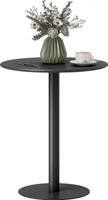 A black round table with a vase of flowers and a cup of coffee on it, set against a white background.