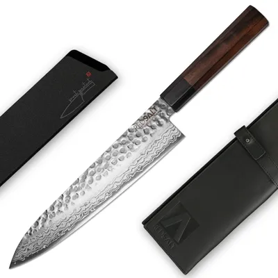 Produktbild von REDSALT® Professional Series GYUTO 牛刀 21cm Damaststahl Chefmesser handgefertigt in Japan | Profi Kochmesser mit Messerscheide & Ledertasche | D