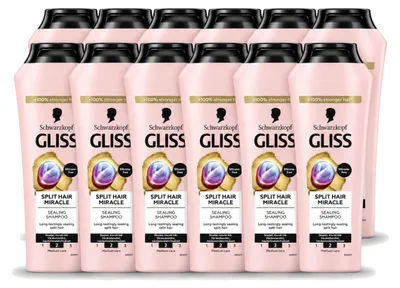 Imagen del producto de 12 botellas de champú Gliss Kur para cabello dañado, 400 ml cada una. Paquete económico con 12 unidades