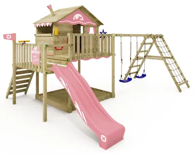 Produktbild von Spielturm Wickey Smart Ocean mit Kletteranbau und Rutsche, aus Holz, pastellpink