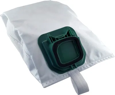 A white vacuum cleaner bag with a green plastic connector.