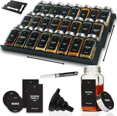 Produktbild von Kräutereinlegefach mit Organizer, 3 Ebenen, 24 Gewürzbehälter, 280 Etiketten, Bürste und Trichter, ideal für Küche, Gewürzaufbewahrung und Kräuterregal
