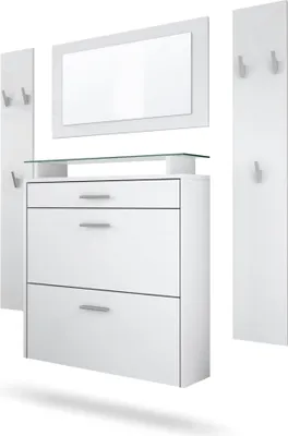 Produktbild von Vladon Garderobe Malea, Garderobenset bestehend aus 1 Hängeschuhschrank, 1 Wandspiegel und 2 Garderobenpaneele, Weiß matt/Weiß matt