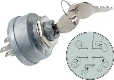 A product shot of a vehicle ignition switch with keys, alongside a diagram of its terminal layout.