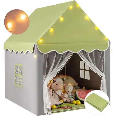 Obrázek produktu pro Dětský herní domeček s pratelným kobercem a hvězdicovými světly DZ10293, 105 x 121 x 136 cm, zeleno/šedý - A