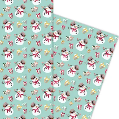 Produktbild von Weihnachts Geschenkpapier mit Schneemännern und Geschenken, hellblau - G5976, 32 x 48cm