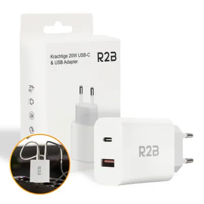 Produktbild von R2B Wandladegerät - Ladegerät, USB-C- und USB-Anschluss, Power Delivery, 20 Watt
