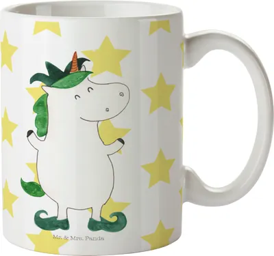 Produktbild von Mr. & Mrs. Panda Tasse Einhorn Joker - Weiß - Geschenk, Becher, Kaffeetasse, Unicorn, Pott, Kasper, Hofnarr, Einhörner, Mittelalter, Teetasse, Kaffeebecher