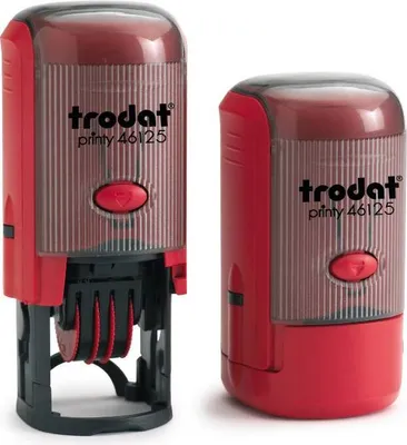 Produktbild von Trodat Datum-PRINTY 46125, max. 25 mm rund, Gehäuse rot, individuelle Stempelplatte mit Ihrem Wunschtext, Stempelkissen schwarz