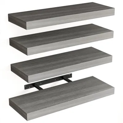 Wandregal-Set 4er, Holz, 40x14x3 cm, grau, mit Metallhaltern