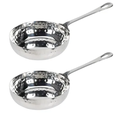 Two hammered stainless steel mini pans with handles are shown against a white background.