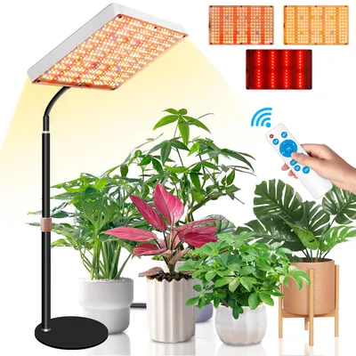 Image de Lampe LED à spectre complet pour plantes d'intérieur - Lampe UV-IR pour plantes de table avec minuterie, télécommande et réglage de la hauteur (264 LED, 25 W)