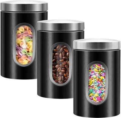 Produktbild von 3-teiliger Küchenorganizer, Edelstahl-Container mit transparentem Fenster, für Kaffee, Tee, Nüsse, Mehl und Zucker (schwarz)