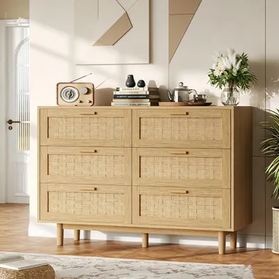 Produktbild von INONEFT Kommode mit Rattan Geflecht 6 Schubladen, Sideboard, Komode, Schubladenschrank, Vorratsschrank, Naturholzfarbe,Eiche H80cm B115cm T40cm