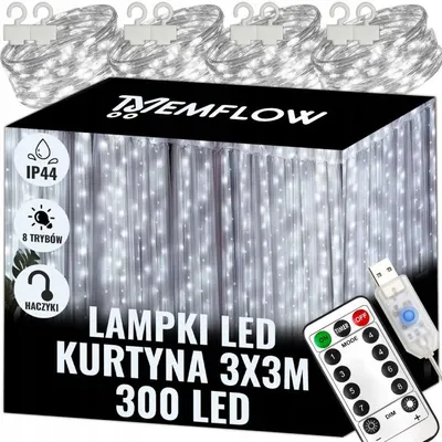 Obrázok produktu pre LED svetelný záves, 3x3 metre, 300 LED, studená biela, USB 5V, 8 režimov, časovač, stmívateľný, IP44, diaľkové ovládanie, vianočné osvetlenie