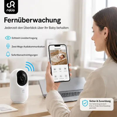 Produktbild von Babyphone Kamera 2K/3MP WiFi Sicherheitskamera mit App Steuerung, Nachtsicht, Bewegungserkennung, Zwei-Wege-Audio, Cloud & 256GB Speicher